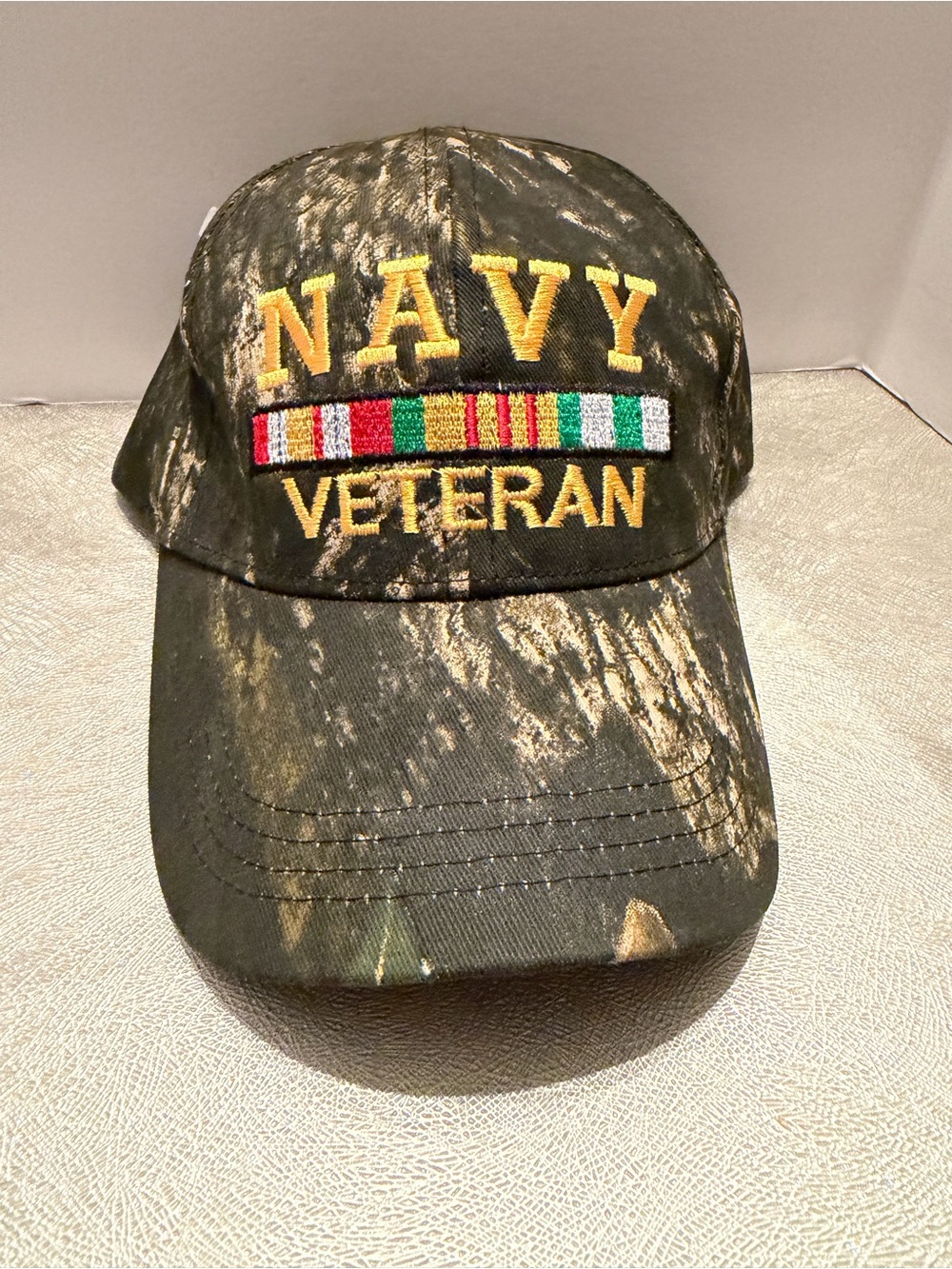 NAVY VETERAN Embroidered Camouflage Cap - Green. Adjustable.